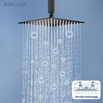 Airuida Shower Faucet Set and Handle Set Single Function Shower Trim Kit Ceiling Mount Rainfall Shower System with Male Threads and Rough-in Valve 10 Inch Square Shower Head Matte Black
