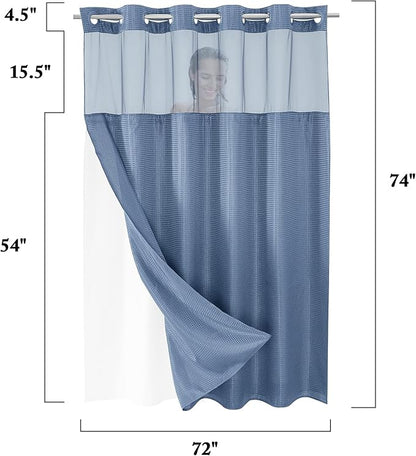 Gibelle No Hook Waffle Weave Shower Curtain with Snap-in Fabric Liner Set for Bathroom, Hotel Style with Mesh Top Window, Waterproof & Washable, Moonlight Blue, 72x74