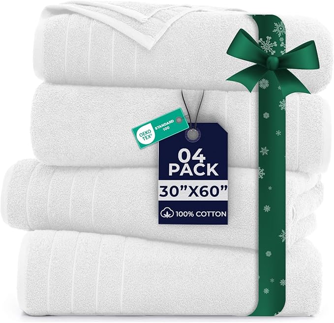 DAN River Extra Large Bath Towels Set of 4, 30 x 60 Inches - 100% Cotton Larger & Lighter Weight Towels for Bathroom - Quicker to Dry, Super Soft & Highly Absorbent Towels for Home, White