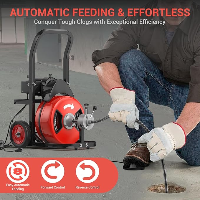 100Ft 3/4 Inch Cable Drain Cleaning Machine, 450W Auto Feed Portable Electric Sewer Snake, Electric Drain Auger with 4 Cutter Air-Activated Foot Switch for 2" to 4" Pipes