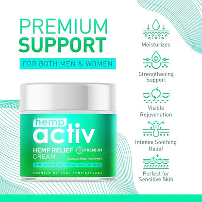 Cooling Hemp Cream – Menthol, MSM & Arnica – Fast-Absorbing, Non-Greasy Formula for Muscles & Joints – 4oz Best-Value Size