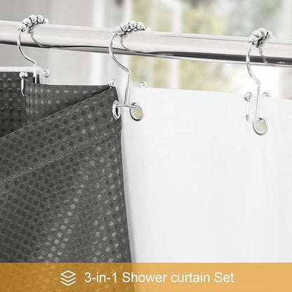 3 in 1 Stall Half Size Charcoal Grey Shower Curtain Set-36 W x 72 H, Modern Waffle Waterproof Fabric and PEVA Liner Set with Stainless Steel Hooks