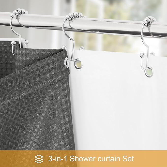3 in 1 Extra Long Charcoal Grey Shower Curtain Set-72 W x 84 H, Modern Waffle and PEVA Liner Set with 12 Stainless Steel Hooks, Waterproof Fabric for Bathroom