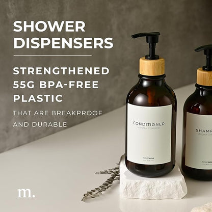 MaisoNovo Refillable Shampoo and Conditioner Bottles | 16.9 fl oz Set of 3 Amber Plastic Bottles Black Bamboo Pumps