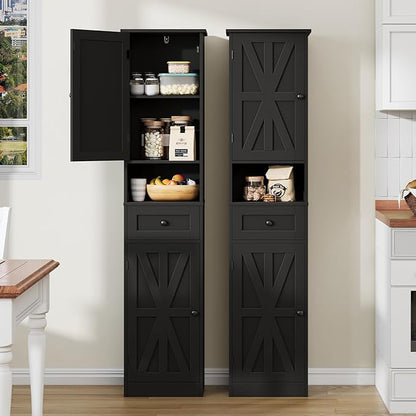 67" H Tall Bathroom Cabinet, Narrow Storage Cabinet with 2 Barn Doors and 1 Drawer, Freestanding Floor Cabinets with 5 Shelves and Open Storage Shelf for Bathroom, Living Room, Kitchen, Black