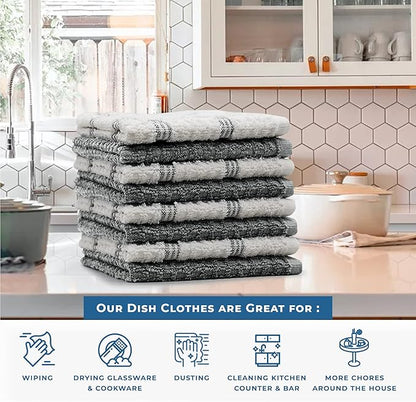 DAN RIVER Premium Dish Cloth 100% Cotton 12 X 12 Inches |Pack of 8|-Ultra Soft Tea Towels-Highly Absorbent Kitchen Rags-Terry Dishcloth for Kitchen and Household Cleaning |Grey|
