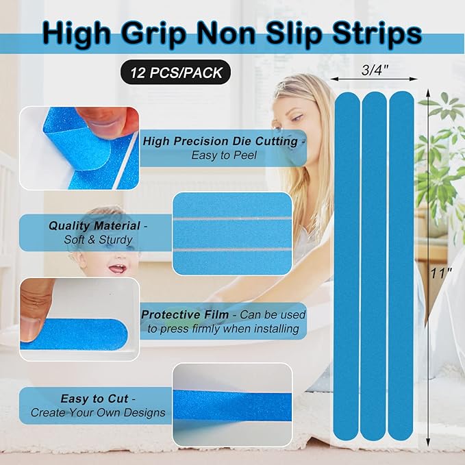 S&X Non Slip Bath Stickers,Gritty Textured Slip-Resistant Treads,0.75-Inch by 11-Inch,12 Strips Per Pack (Blue)