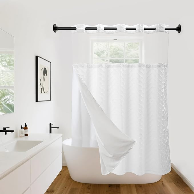 Hookless Shower Curtain with Snap in Liner 71" x 74" Double-Layer Waterproof Polyester Shower Curtain for Bathroom or Hotel Use,Removable Liner,Magnetic Hem,Large Rings,Machine Washable,White
