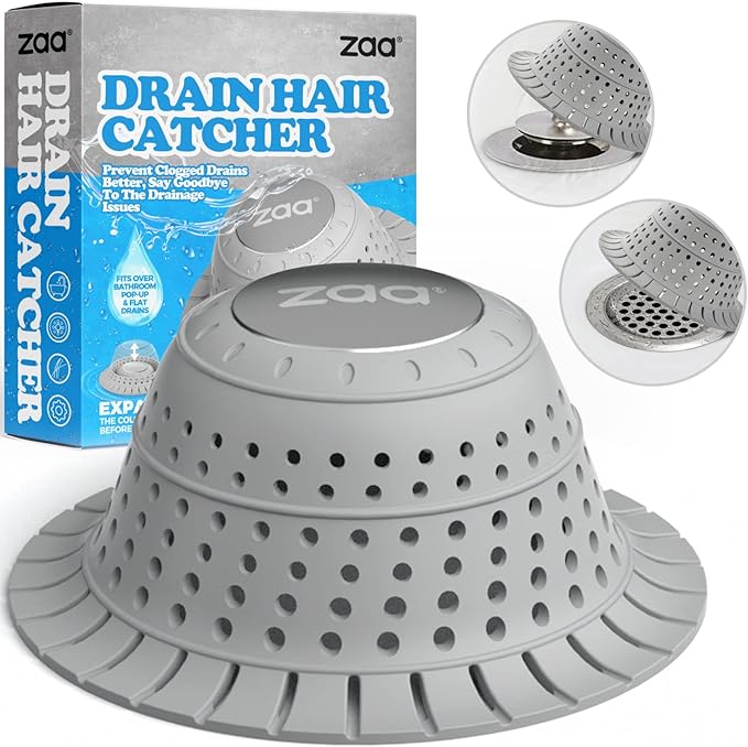 zaa Bathtub Drain Hair Catcher, Premium Silicone Shower Hair Catcher, 1Pack Collapsible Hair Stopper for Pop Up and Regular Drains of Shower, Bathtub, Bathroom, Sink, Shower Parts, Gray