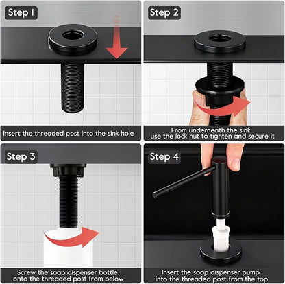 GAPPO Soap Dispenser for Kitchen Sink, Built in Sink Soap Dispenser, Matte Black Stainless Steel Pump Head, Lotion Dispenser with Refillable 17 OZ Bottle