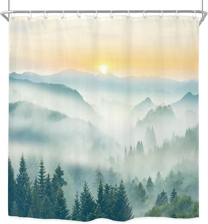Riyidecor Mountain Shower Curtain 72Wx72H Inch Green Sunrise Sunset Scenery Landscape Tree Nature Pine Scenic Woodland Greenery View Bathroom Decor Fabric Polyester Waterproof 12 Pack Hooks