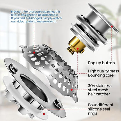 zaa Bathtub Drain Stopper, Upgraded 2in1 Tub Stopper Bathtub Drain Cover and Hair Catcher, Pop Up Bathtub Drain Plug, Replaces Lift & Turn, Tip-Toe or Trip Lever, for 1.46-2" W Drain Hole, Silver