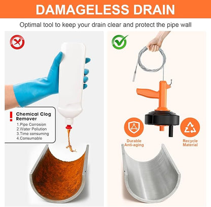 Drain Snake, Drain Auger with Drill Attachment, 25 Feet Plumbing Snake Auto Feed Flexible Hair Drain Clog Remover for Kitchen, Bathrom and Shower Sink with Gloves