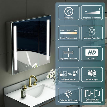 WELLFOR 36" X 30" LED Medicine Cabinet with Mirror, Double Opening Door, Recessed or Surface Cabinet Mirror, Bathroom Mirror Cabinet, Medicine Cabinet with Lights with Outlets & USB Ports