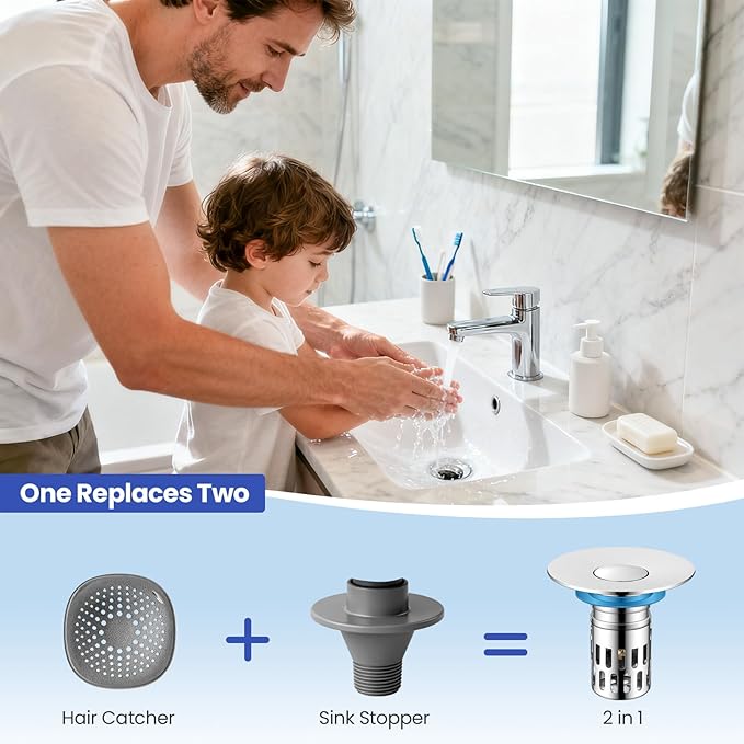 Universal Bathroom Sink Stopper, Pop Up Sink Drain Strainer Plug with Removable Stainless Steel Filter Basket Hair Catcher,Solid Brass Body,Bathroom Bathtub Drain Stopper,Bright Silver