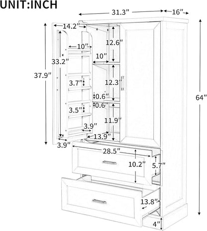 Merax 64" H Storage Cabinet with Drawers and Door Racks, Tall Freestanding Bookshelf Pantry Space Saver for Bathroom or Kitchen, Adjustable Shelf, White