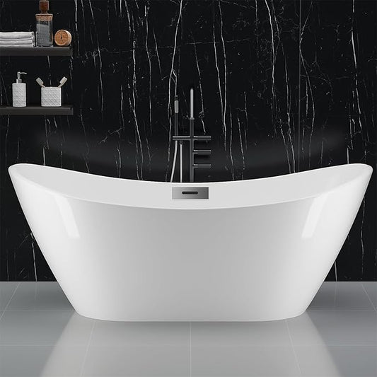 67" Free Standing Tub, Acrylic Freestanding Bathtub, Modern Soaking Tub with Integrated Overflow and Drain, White Bathroom Fixture, Stand Alone Bathtub, CUPC Certified, Gloss White