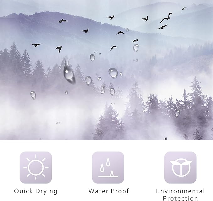 Riyidecor Purple Mountain Shower Curtain 72Wx72H Inch Nature Scenery Landscape Rustic Pine Tree Misty Foggy Mountain View for Mens Natural Bathroom Decor Fabric Polyester Waterproof 12 Pack Hooks