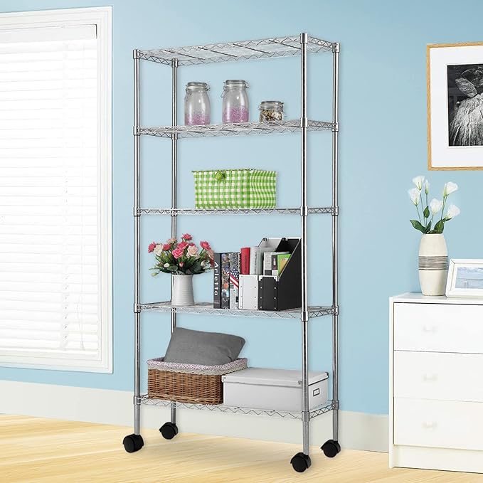 5 Tier Storage Racks Shelving, Heavy Steel Pantry Shelves, Adjustable Wire Shelving Rack with Wheels, Suitable for Garage, Kitchen, Bathroom, Office, 35" W x 14" D x 65" H, Chrome