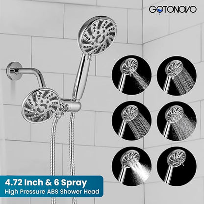 gotonovo Dual 2 in 1 Shower Head Kit High Pressure Combo System Shower Faucet 6 Modes ABS Handheld Spray Shower Trim Kit with Valve Shower Head and Handle Set Polished Chrome