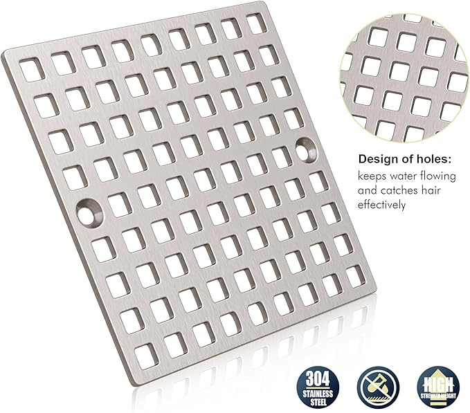 2PC 3-7/8" Brushed Nickel Shower Drain Cover - Square Floor Drain Cover Replacement - Hair Catcher/Drain Strainer for Bathrooms, Showers, and Sinks - SUS304 Stainless Steel & CUPC Certified