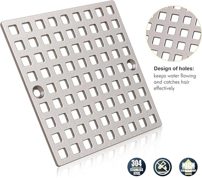 2PC 3-7/8" Brushed Nickel Shower Drain Cover - Square Floor Drain Cover Replacement - Hair Catcher/Drain Strainer for Bathrooms, Showers, and Sinks - SUS304 Stainless Steel & CUPC Certified
