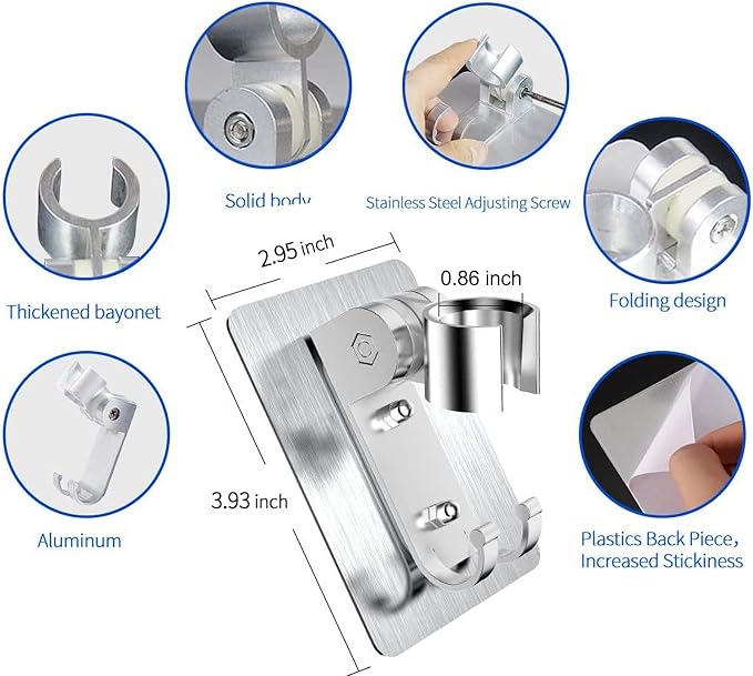 Strong Adhesive Shower Head Holder CACASO Adjustable Shower Wand Holder,Handheld Shower Head Wall Mount Bracket with 2 Hanger Hooks,Showerhead &Bidet Sprayer Bracket Better Than Suction Cups