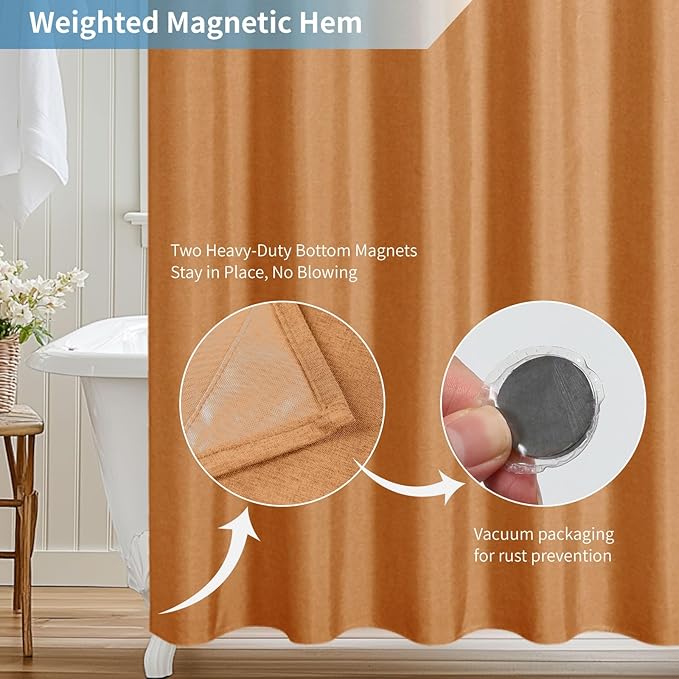 2-in-1 Waterproof Fabric Shower Curtain or Liner,Linen Textured,Breathable TPU & Washable Bathroom Shower Curtain Set with 12 Plastic Hooks,Modern,72"x72" Orange