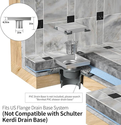 Square Shower Drain 4", Matte Black Floor Drain with Tiled Insert Grate & Hair Strainer, 304 Stainless Steel Bathroom 2-in-1 Tiled in Drain, CUPC Certified (Matte Black, 4'')