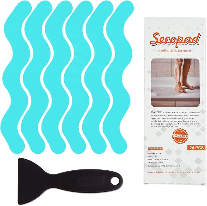 Anti Slip Shower Stickers, Adhesive Decals Safety Strips Scraper for Bath Tub, Shower, Stairs, 24 Pieces (Blue)