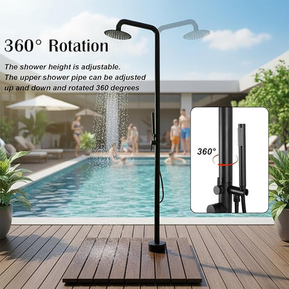 2-Function Poolside Portable Power Shower Floor Mounted Freestanding Black Poolside Shower with Handheld Sprayer for Backyard Garden/Pool/Beach Courtyard