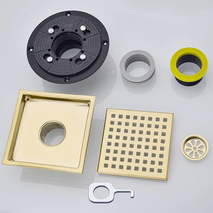 RANDOM Brushed Gold Shower Drain Square 6 Inch Shower Drain Cover Kit with Flange,SUS 304 Stainless Steel Shower Floor Drain with Removable Grid Cover and Hair Strainer