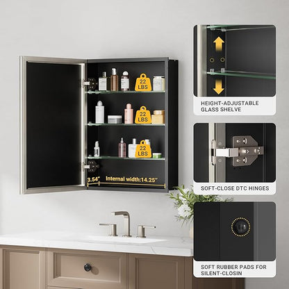 16x26 Pre-Assembled Bathroom Medicine Cabinet Mirror, Surface or Recessed Brushed Nickel Medicine Cabinet with Mirror & Rustproof Aluminum Frame, Beveled Bathroom Vanity Mirror with Storage
