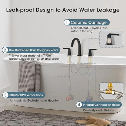 High Flow Roman Tub Faucet with Valve, Widespread Solid Brass 3 Hole Bathtub Faucet, 2 Handle Deck Mount Bath Tub Filler with Supply Water Hoses, Matte Black