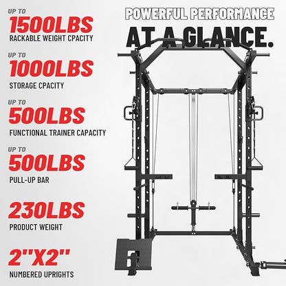 Mikolo Power Cage, Power Rack with Cable Crossover System, 1500LBS Squat Rack with LAT Pull Down System, Workout Cage with Pulley System for Fitness Home Gym