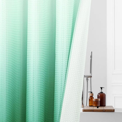 MitoVilla Teal Ombre Waffle Small Stall Shower Curtain Liner Set 36 x 74, No Hooks Required Turquoise Half Size Narrow Fabric Cloth Shower Curtain Set with Snap-in Liner for Modern Bathroom Decor