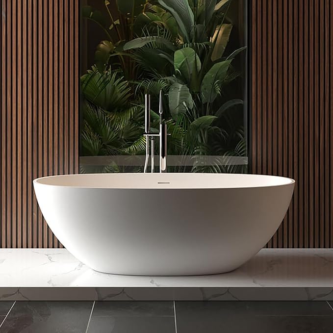 GarveeLife Freestanding Solid Surface Bathtub 65 Inch – Matte White Stone Stand Alone Soaking Tub with Ergonomic Curves, Deep Modern Bathtub for Luxury Main Bathroom