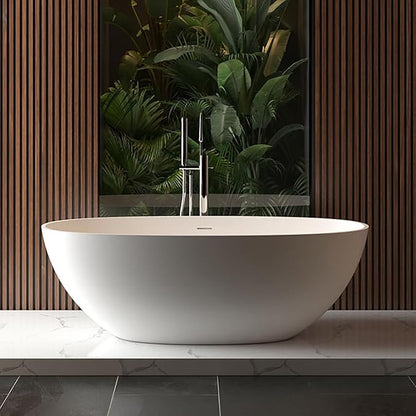 GarveeLife Freestanding Solid Surface Bathtub 65 Inch – Matte White Stone Stand Alone Soaking Tub with Ergonomic Curves, Deep Modern Bathtub for Luxury Main Bathroom