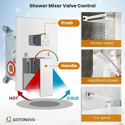 gotonovo Shower System with Tub Spout Wall Mounted Rain Shower Head and Handle Combo Shower Faucet Set with Valve, 10 Inch, Polish Chrome
