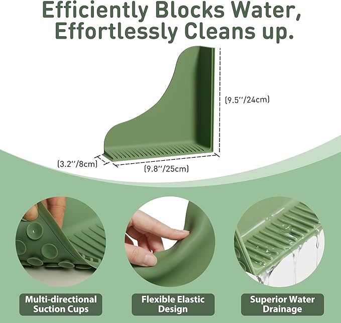 Roslim 2-Pack All-Silicone Shower Splash Guard, Bath Tub Corner Water Blocker with Strong Suction Cups, Reusable & No Sticky Adhesive, for a Secure Seal & Easy Removal, One-Piece Design, Olive Green
