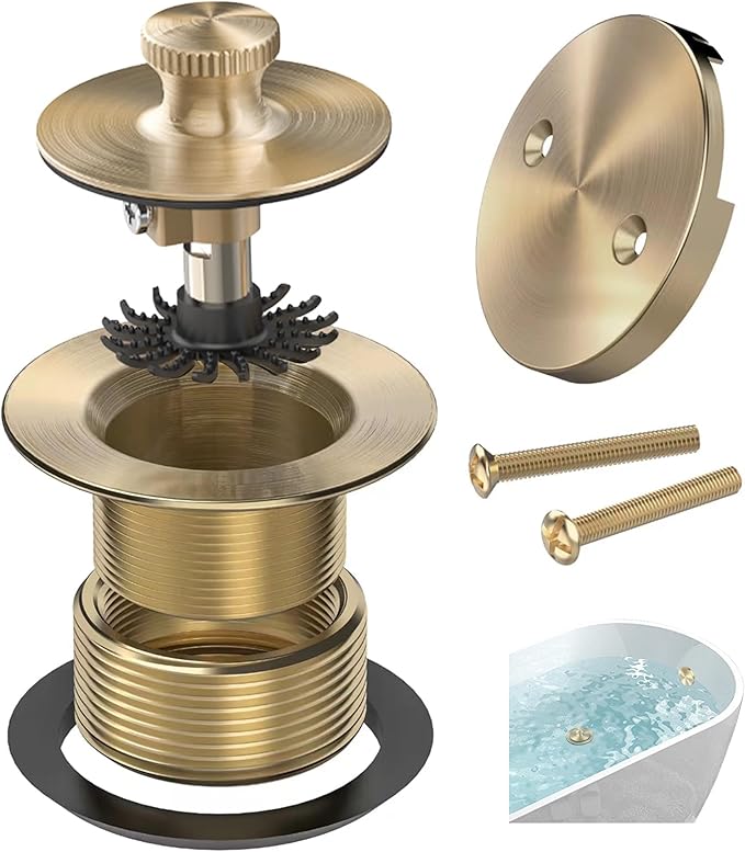 Champagne Brushed Gold Bronze Bathtub Drain, Hair Catcher and 2-Hole Overflow Faceplate, 11.5/16 UNC, Lift and Turn Bathtub Drain Replacement, Tub Drain Stopper