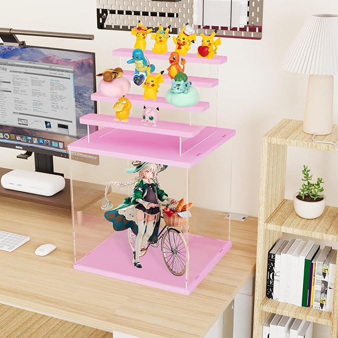 Choowin 5 Tier Clear Acrylic Lighted Display Case for Collectibles, Mini Figures, Pop Mart, Labubu, Sonny Angel, Smiski - Assemble Dustproof Display Box with Door, Stand (Pink Top Base, Clear Step)