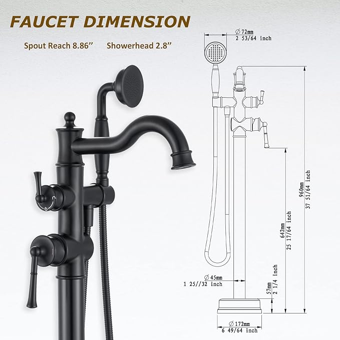 Freestanding Floor Mount Tub Filler with Handheld Shower Roman Bathtub Faucet by Matte Black Finish, Swivel Spout with Brass Rough-in and Water Hose