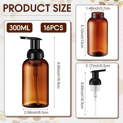 Uiifan 16 Pcs 10 oz Amber Foaming Soap Dispenser Refillable Foam Pump Bottle Liquid Plastic Container for Kitchen Bathroom Commercial Concentrated or Regular Shampoo Body Wash Dish Liquid Soap