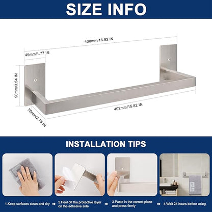 NearMoon Self Adhesive Bathroom Towel Bar, Stainless Steel Square Bath Wall Shelf Rack Hanging Towel Stick On Sticky Hanger Contemporary Style, Towel Rack Wall Mounted (16 Inch, Brushed Nickel)