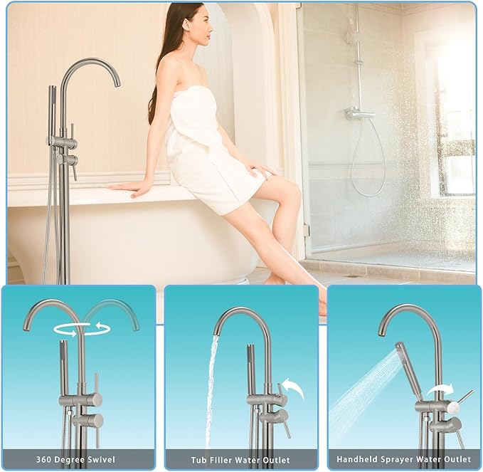 Floor Mount Bathtub Faucet，Freestanding Tub Faucet ，High Flow Dual Function 360 Degree Rotating Tube and Handheld Water Outlet (Brushed Nickel)