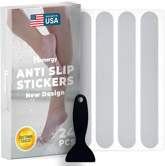 Anti-Slip Shower Stickers - Help Reduce Slipping in Bathtub & Shower, Gray Non-Slip Bath Strips, Strong Adhesive Bathtub Appliques Suitable for Homes with Kids, Adults & Seniors - 24 Pcs - Homergy