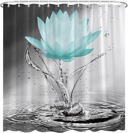 Lotus Shower Curtain Black White Grey Teal Flower Elegant Blooming Floral with Dew Spring Flower Reflection on Water Modern Romantic Polyester Fabric Bathroom Decor 36×70 Inch with Hook