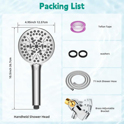Hibbent cUPC Certified High Pressure 10-mode Shower Head, Handheld Showerhead with Adjustable Brass Joint Holder, 71" Metal Hose, Anti-clog Nozzles, Built-in Power Wash to Clean Tub & Pets, Chrome