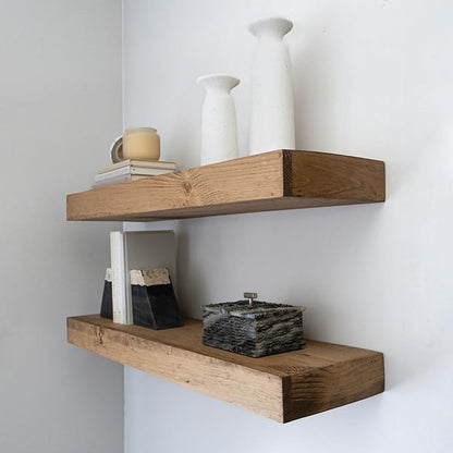 Urbandi Modern Floating Shelves 3 Inches Thick for Wall, Wide Shelves for Kitchen, Living Room, Bedroom, and Bathroom, Natural Pine Wood, Rustic Wooden Shelf, (Set of 2) (Aged Oak, 60Lx3Hx8D)